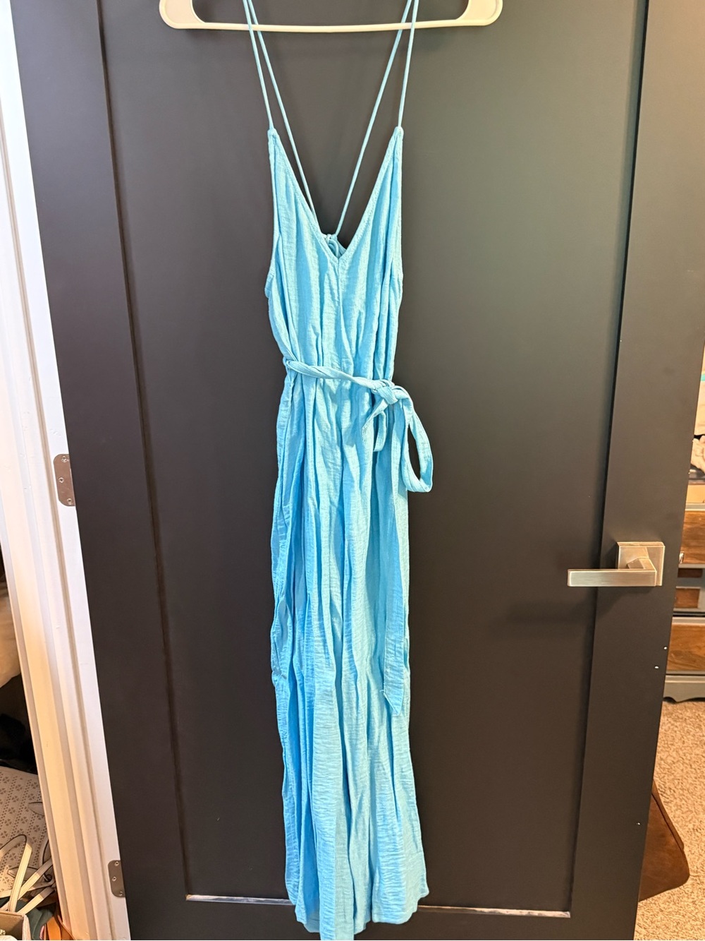 H&M Light Blue Spaghetti Strap Maxi romper with Self-Tie Waist